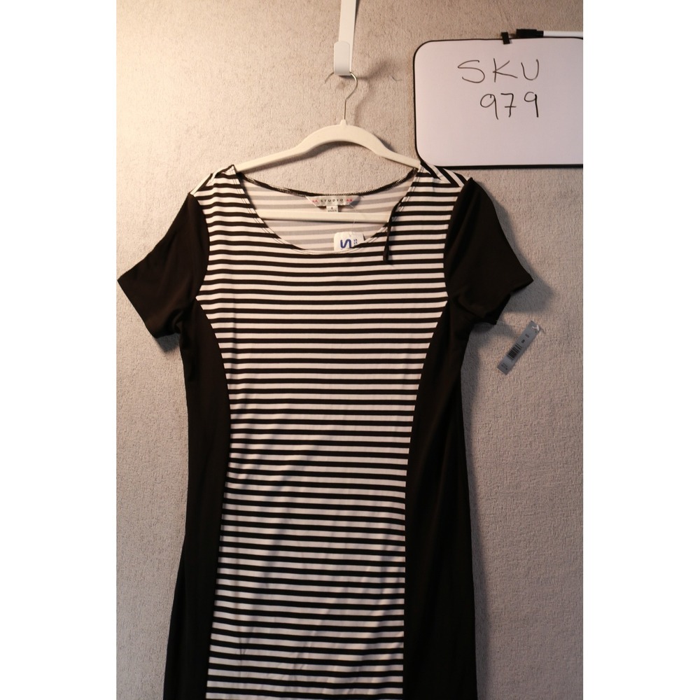 AA Studio AA Dress Womens 8 Black White Striped Colorblock Sheath 16711-36 NWT